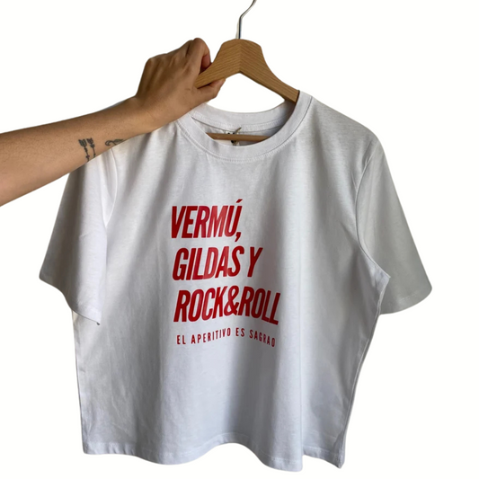 Camiseta con diseño Vermut, Gildas y Rock 'n' Roll, perfecta para un look casual divertido.